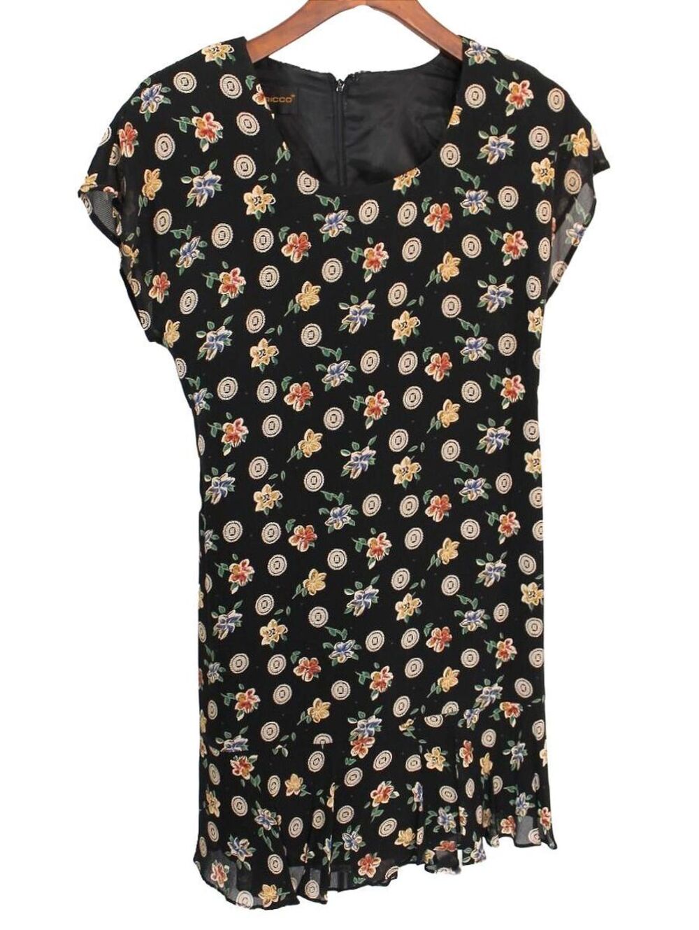 Vintage 1990s Donna Ricco New York Dark Floral & Cameo Medallion Ruffle Dress